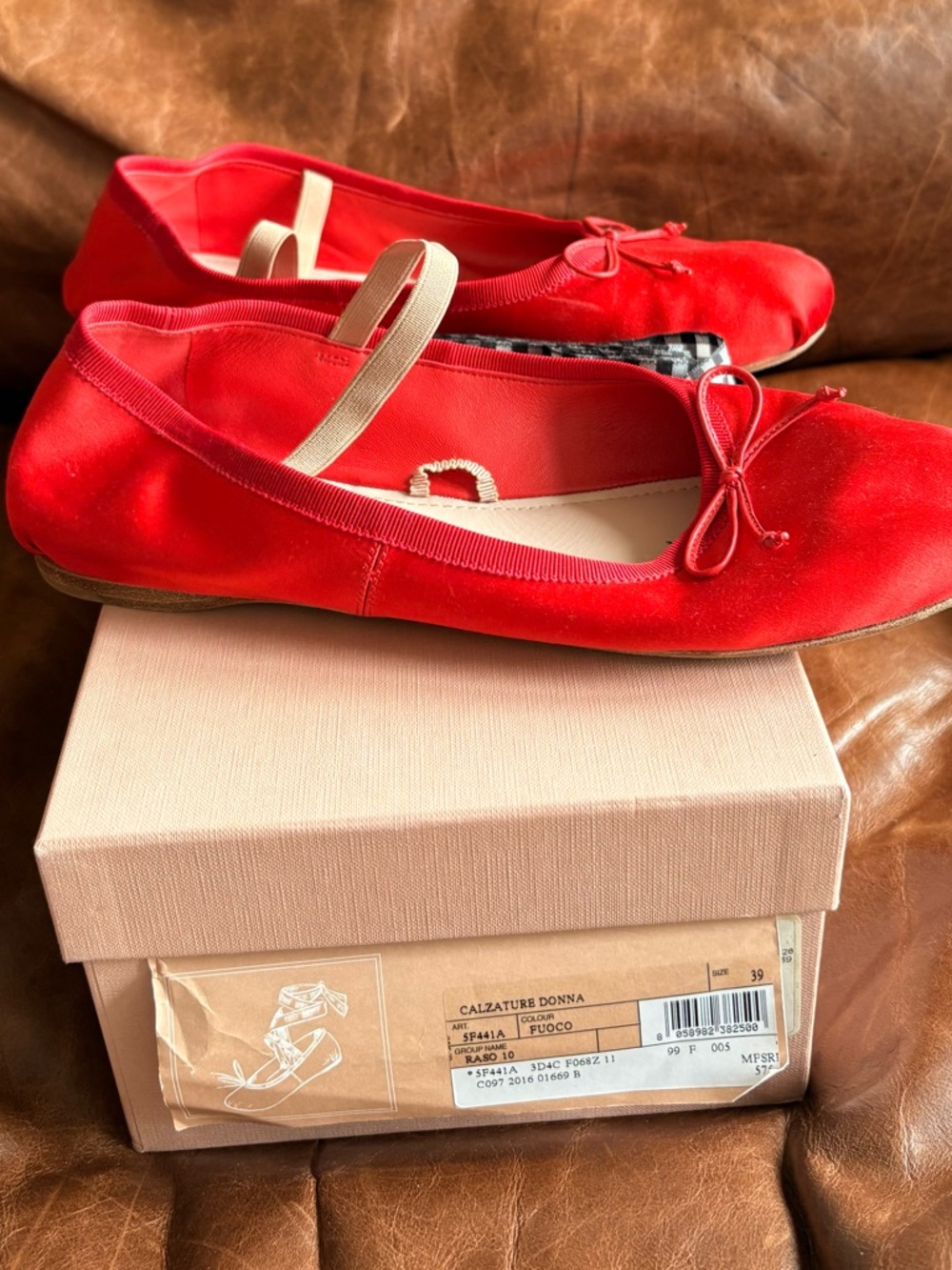Miu Miu Red Satin Ballet Flats Bow Multi Strap Logo EU 39 Balletcor